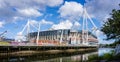 The Principality or Millennium Stadium from the west bank of the river Taff, in Cardiff, Wales, UK