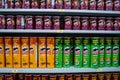 Pringles chips cans displayed on grocery store shelf. Royalty Free Stock Photo