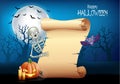 Cartoon skeleton holding scroll banner with Halloween background Royalty Free Stock Photo