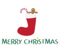 Merry Christmas logo with Red sock, gingerbread cookie, Red and white striped candy and Yellow star on white background Royalty Free Stock Photo