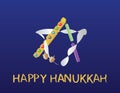 Hanukkah jewish holiday greeting. English HAPPY HANUKKAH greeting and star of david logo with Hanukkah elements on Dark blue backg Royalty Free Stock Photo