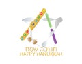 Hanukkah jewish holiday greeting. Hebrew and English HAPPY HANUKKAH greeting and star of david logo with Hanukkah elements Royalty Free Stock Photo