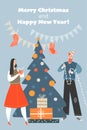 Christmas card in cartoon style. Couple decorates the Christmas tree