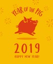 2019 year of the pig with happy little pig running.