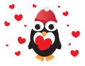 Cute Penguin with Red beanie Holding Red Heart, Red hearts and white background