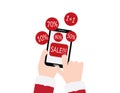 Hand with red sleeves holding smartphone with SALE text and Red discount circles on White background