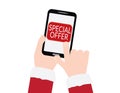 Hand with red sleeves holding smartphone with SPECIAL OFFER text on White background