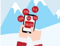 Hand with red sleeves holding smartphone with SALE text and Red discount circles on Blue mountains with snow background