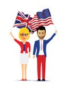 Usa and uk flag waving man and woman Royalty Free Stock Photo