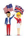 Usa and uk flag waving man and woman Royalty Free Stock Photo