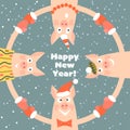 Vector New Year greeting card with four funny pigs