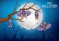 Cartoon funny bats hanging on tree with halloween background Royalty Free Stock Photo