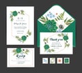 Wedding invitation with anemone flowers, cactus. Vector template set
