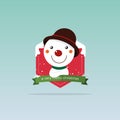 Happy Merry Christmas greeting card. Smiley snowman red nose standing in front of Christmas badge. Holiday decoration. Vector.
