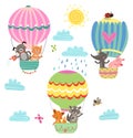 Animals fly in a hot air balloon. Illustration