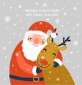 Christmas card with Santa and a deer. Cute characters Royalty Free Stock Photo
