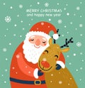 Christmas card with Santa and a deer. Cute characters Royalty Free Stock Photo