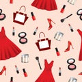 Seamless pattern with woman dress, handbag and makeup