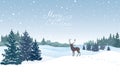 Christmas background. Snow winter landscape with deer. greeting card Royalty Free Stock Photo