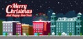 City building houses winter street with decorated pine tree merry christmas happy new year concept flat horizontal banner flat Royalty Free Stock Photo