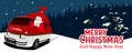 Christmas Banner With Night Background Vector. Santa Claus is Driving the Car