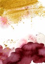 Watercolor abstract background, hand drawn watercolour burgundy and gold texture