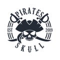 Pirate Skull And Ship Helm Logo Design Vector Illustration, emblem in monochrome vintage style isolated on white background
