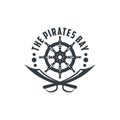 Pirate Skull And Ship Helm Logo Design Vector Illustration, emblem in monochrome vintage style isolated on white background