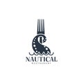 Nautical logo template design with tentacle and trident. Vector illustration. Royalty Free Stock Photo