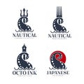 Nautical logo template design with tentacle and trident. Vector illustration. Royalty Free Stock Photo
