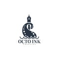 Nautical logo template design with tentacle and trident. Vector illustration. Royalty Free Stock Photo