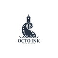 Nautical logo template design with tentacle and trident. Vector illustration.