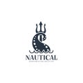 Nautical logo template design with tentacle and trident. Vector illustration. Royalty Free Stock Photo