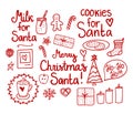 Merry Christmas Doodle Set. Vector red hand drawing holiday elements isolated on white background. Cookies and Milk for Santa. Royalty Free Stock Photo