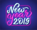 Happy New Year Neon Text sign. 2019 New Year Design template Royalty Free Stock Photo
