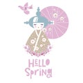 Illustration of a Girl Japanese woman in kimono with parasol, fish vetroduem fan