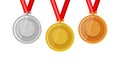 Volleyball complete shinny medals set gold siver and bronze in flat style