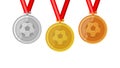 Soccer football complete shinny medals set gold siver and bronze in flat style