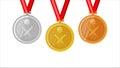 Cricket complete shinny medals set gold siver and bronze in flat style