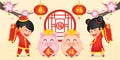 2019 Chinese New Year, Year of Pig Vector with cute boy and girl having fun in firecracker and piggy with gold ingots and lantern. Royalty Free Stock Photo
