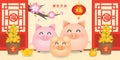 2019 Chinese New Year, Year of Pig Vector with happy piggy family with tangerine and lantern in traditional chinese building. Tr