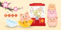 2019 Chinese New Year, Year of Pig Vector with cute piggy come out from gashapon with 12 chinese zodiac. Translation: Auspicious Royalty Free Stock Photo