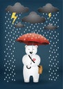 Cute cartoon bear an umbrella on a rainy day.