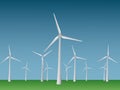 Many cool modern windmills vector to generate electricity from wind in open field and sky for renewable energy industry