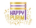 Happy purim Purple and red banner with confetti and Grogger Royalty Free Stock Photo