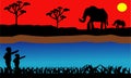 PrintElephant in the African savanna at sunset. Doum palms, acacia. Silhouettes of animals and plants. Realistic vector landscape. Royalty Free Stock Photo
