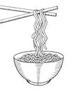 Doodle noodle at bowl and stick. hand drawing Royalty Free Stock Photo