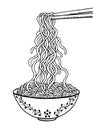 Doodle noodle at bowl and stick. hand drawing Royalty Free Stock Photo