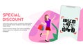 Scan qr code to get special discount women shopping holding and scanning code flat style vector illustration