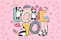 Love you greeting card design with cute panda bears and quote Royalty Free Stock Photo